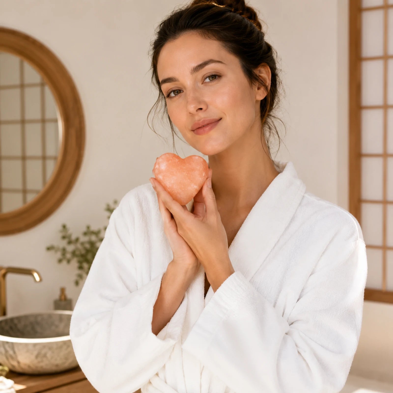 Žena drží solnou kostku Kōji Salt Bar v koupelně