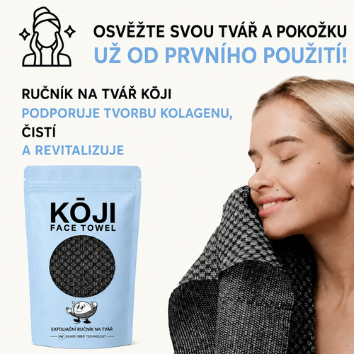 Žena po umytí tváře exfoliačním ručníkem Kōji