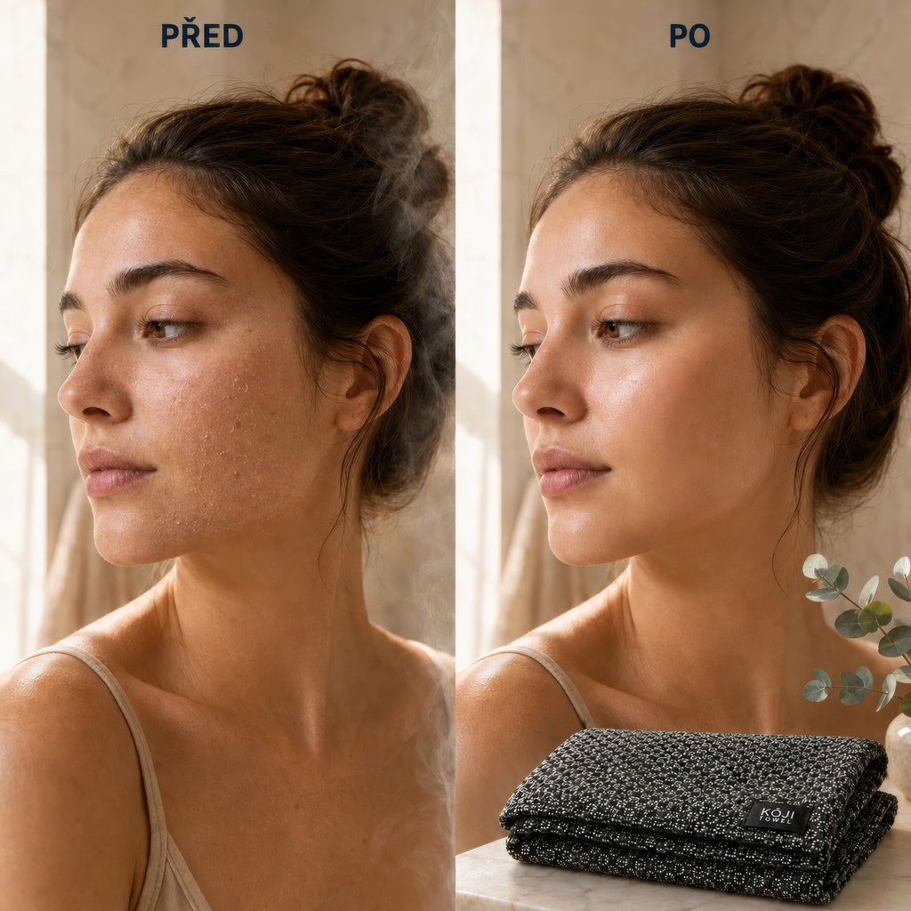 Pleť před a po používání exfoliačního ručníku Kōji