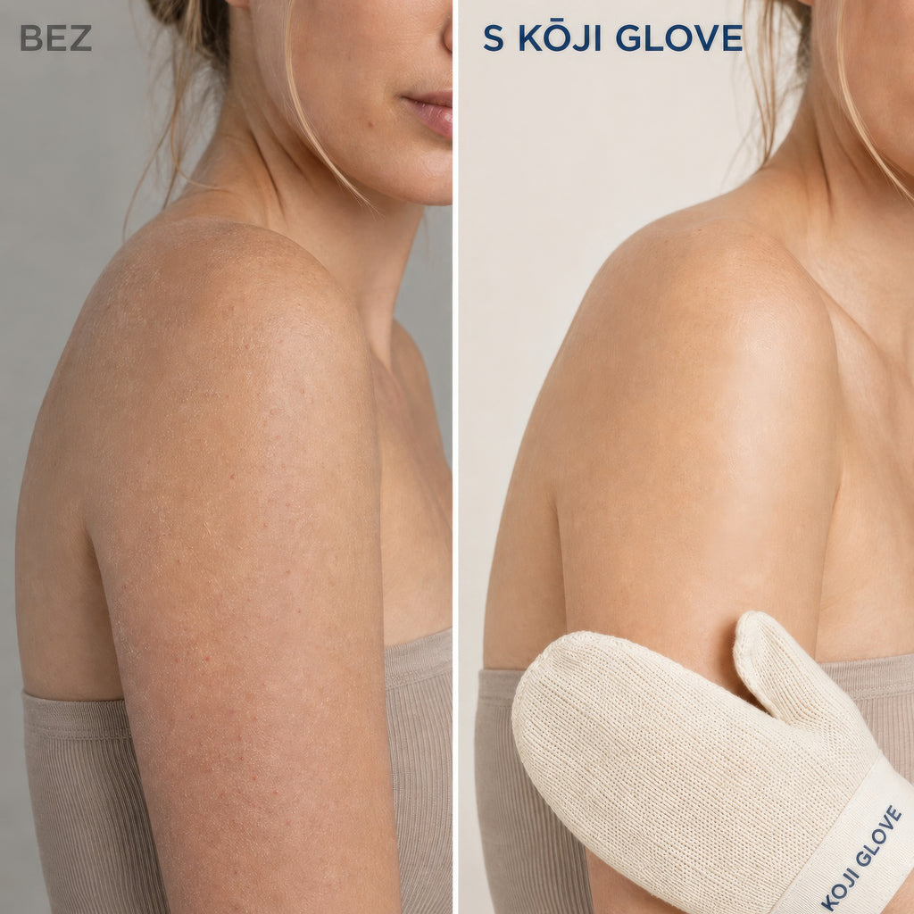 Rameno před použitím a po použití rukavice Kōji Glove