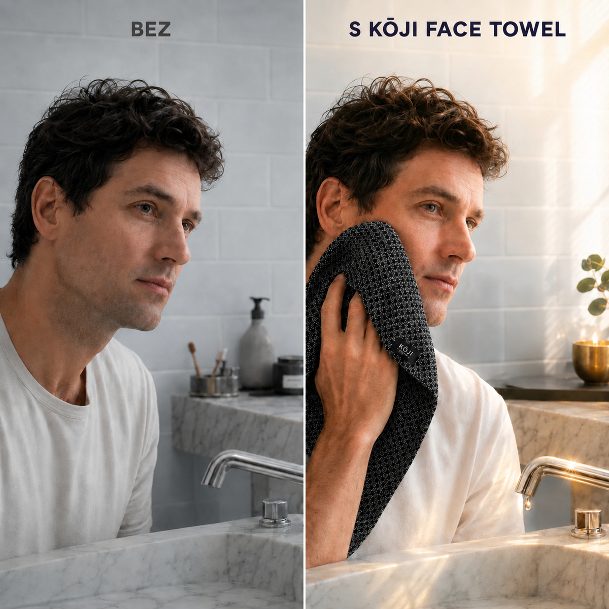 Pleť bez a s exfoliačním ručníkem Kōji