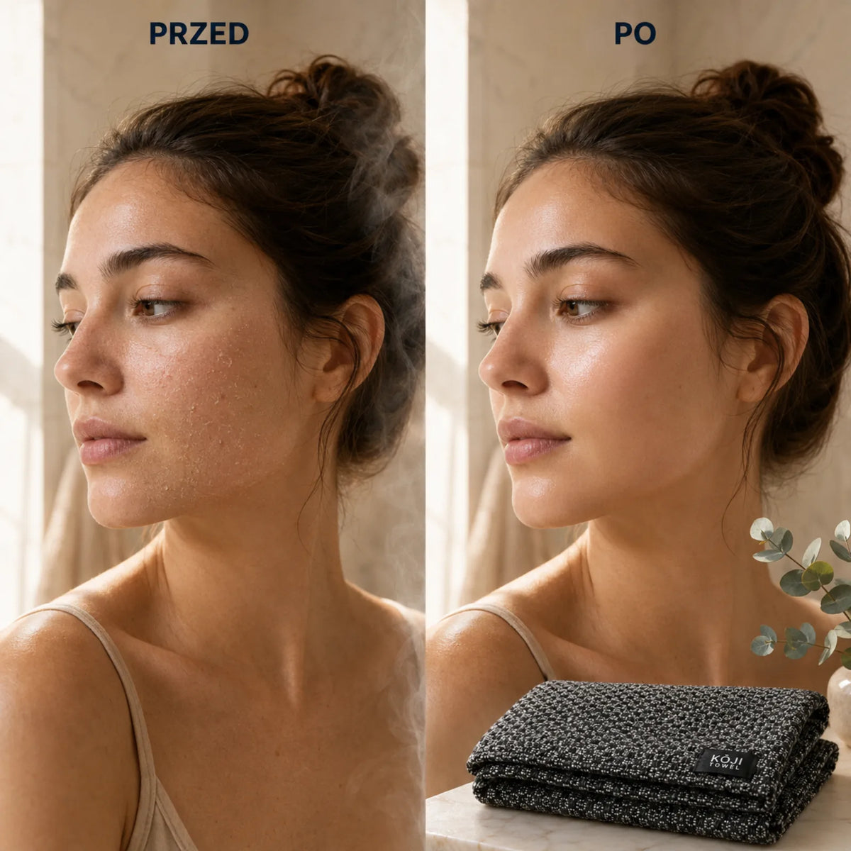 Pleť před a po používání ručníku Kōji Face Towel