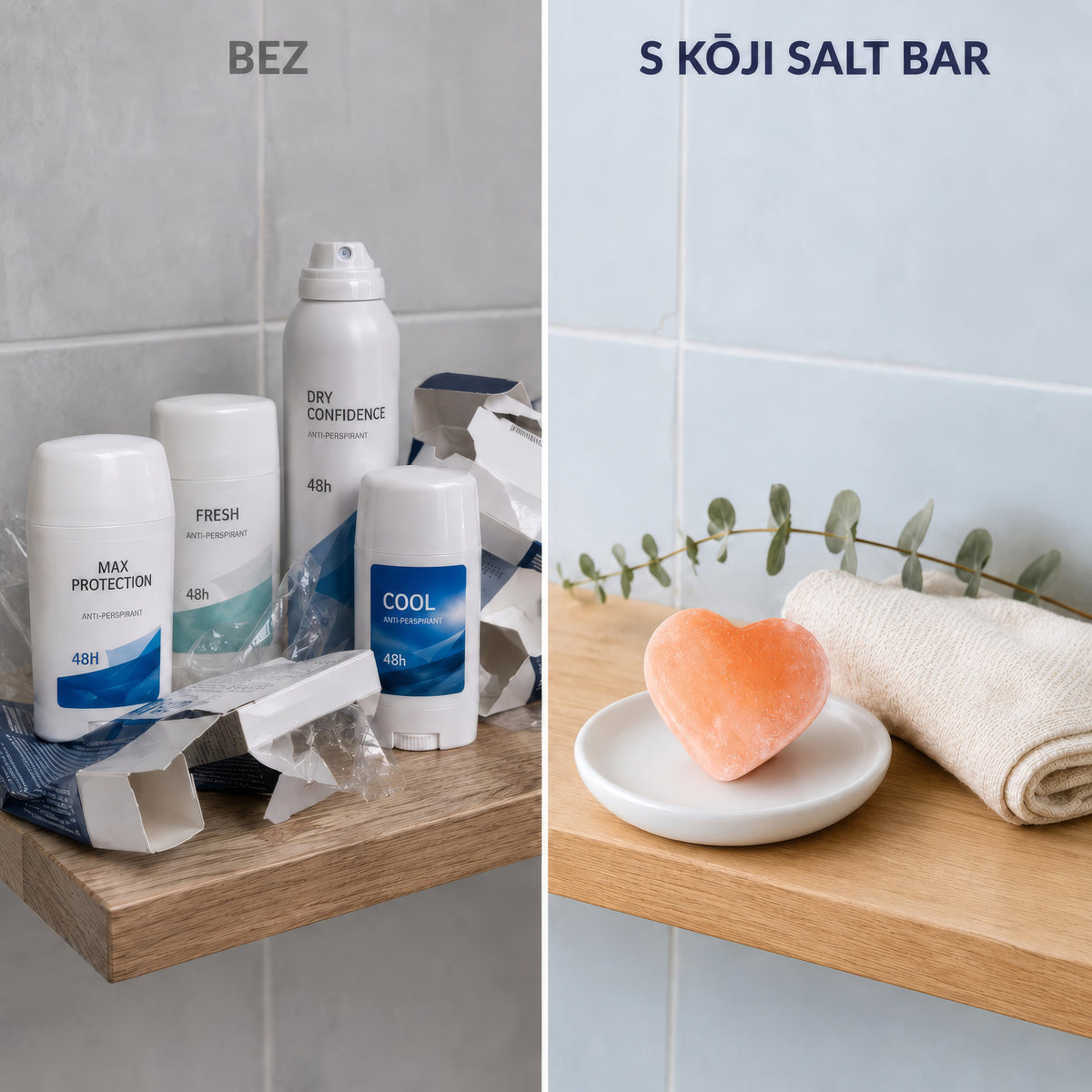 Polička v koupelně bez Kōji Salt Bar a s ním